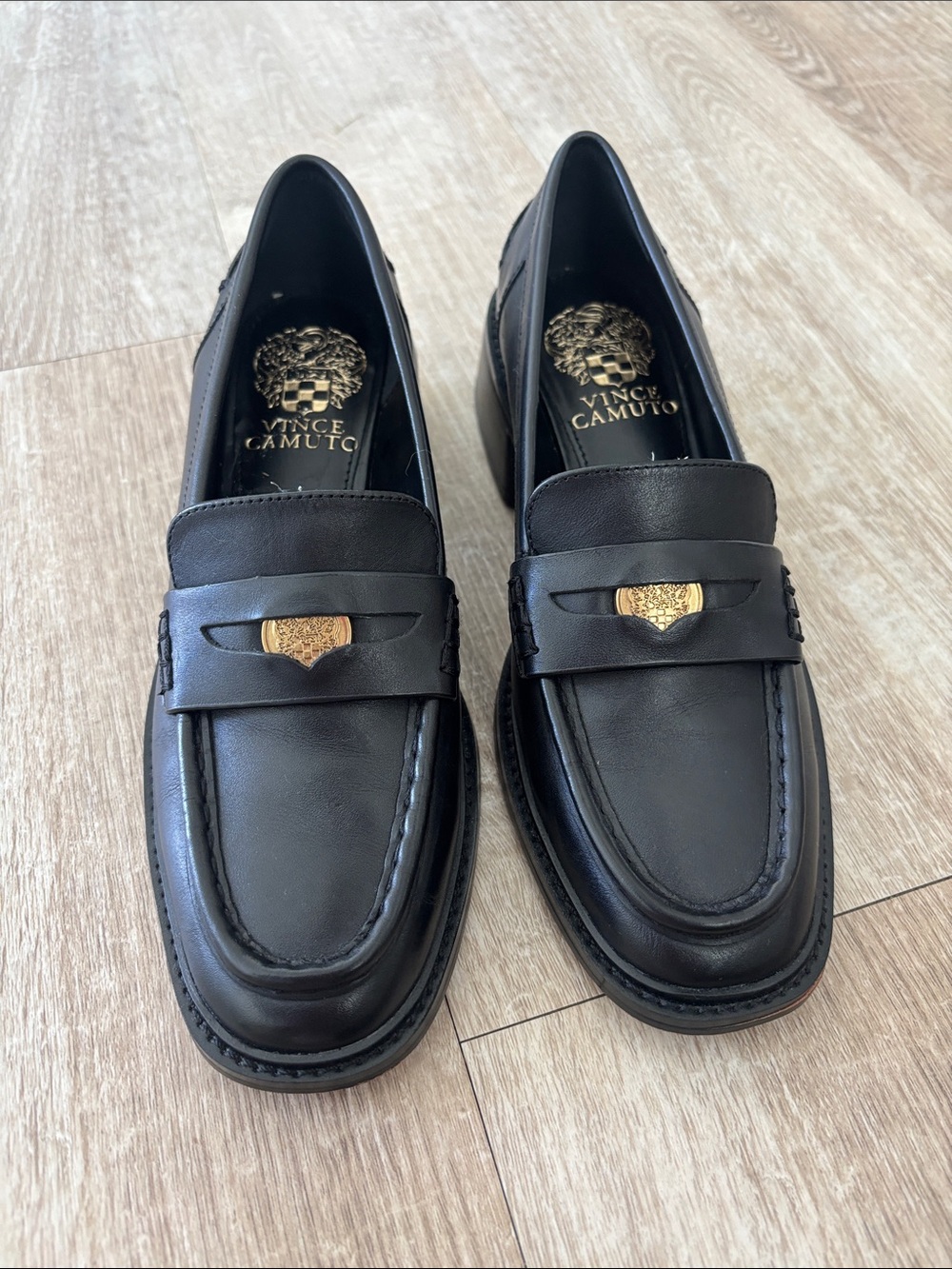 Vince Camuto Black Leather Penny Loafers with Gold Accent